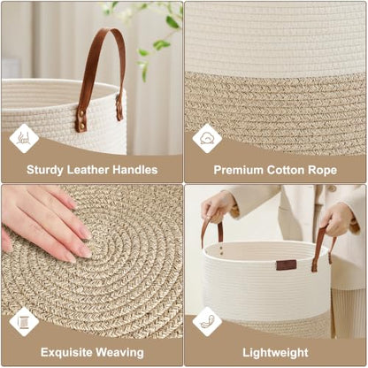 VIPOSCO 72L Tall Woven Rope Laundry Hamper, Leather Handles, White & Brown - color: Brown, size: 72L
