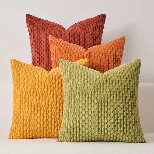 Kevin Textile Spring Decorative Pillow Covers 18x18 Inch Set of 4 Soft Boho Corduroy Throw Pillow Cases Mix and Match Colors Plush Texture Pillows for Sofa Couch Bedroom Home Decor Cream Green/Orange - color: Green Orange, size: 18" x 18" (Pack of 4)