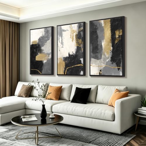 3 Piece Framed Black Gold Abstract Wall Art, Modern Brushstroke Home Decor 16x24in - color: Abstract 02, size: 16''W x 24''H x 3