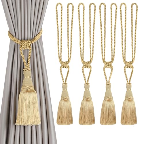 BEL AVENIR 4 Pack Curtain Tiebacks Tassel Drapery Tie-Backs Rope Holdbacks - color: Pure Gold, size: 4 Pack