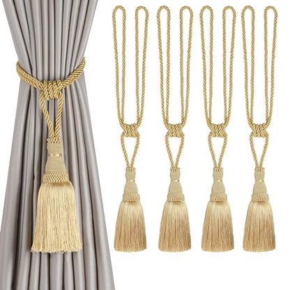 BEL AVENIR 4 Pack Curtain Tiebacks Tassel Drapery Tie-Backs Rope Holdbacks - color: Pure Gold, size: 4 Pack