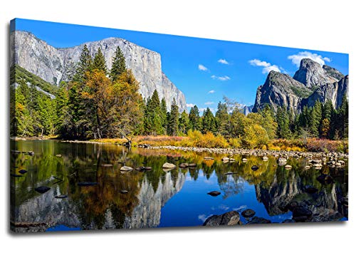 Canvas Wall Art Lake Mountain Forest Nature Picture Bedroom Living Room Large Modern Canvas Artwork Yosemite National Park Landscape for Office Kitchen Home Wall Decor Framed Ready to Hang 24" x 48" - color: Mountain River Nature Landscape, size: 48"L x 2