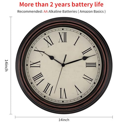Foxtop 14" Roman Numerals Wall Clock Retro Silent Battery Operated Clock - color: Bronze Roman Numeral, size: 14 Inch