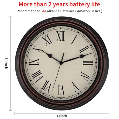 Foxtop 14" Roman Numerals Wall Clock Retro Silent Battery Operated Clock - color: Bronze Roman Numeral, size: 14 Inch