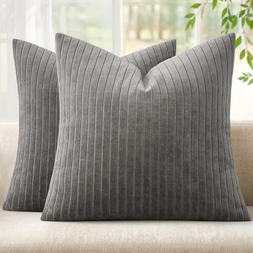 MIULEE Set of 2 Grey Textured Striped Throw Pillow Covers 18x18 Inch - color: Grey, size: 18" x 18" (Pack of 2)