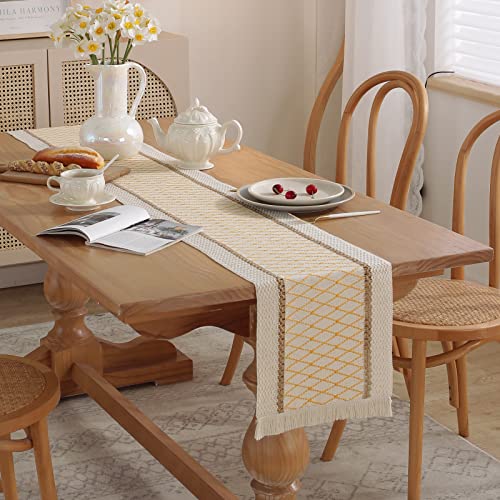Boho Burlap Macrame Table Runner, Farmhouse Style Cotton Linen Rustic Woven Table Runner with Tassels for Dining, Wedding, Bridal Shower, Bohemian (12x108 inch, Yellow Grid) - color: Yellow Grid, size: 12x108 inch
