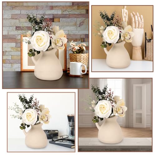 Rustic Ceramic Pitcher Vase with Handle, Antique Farmhouse Matte Textured Plain Neutral Unfinished Rough Clay Jug Pottery Vases for Home Decor… - size: 6.3''A