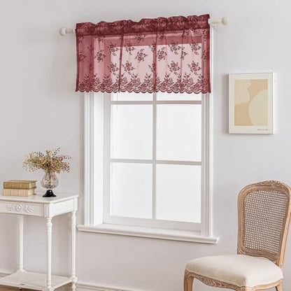 Kotile Burgundy Lace Valance for Windows Rustic Floral W52xL18 Inch 1 Panel - color: Burgundy