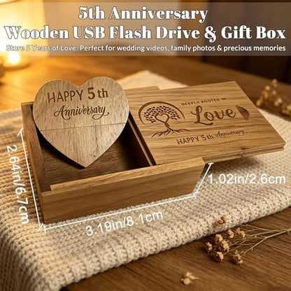 Wood USB Flash Drive 32GB USB3.0 with Box for 5 Year Anniversary (Heart) - color: Walnut(WED Heart USB+box-S), size: 32GB-3.0