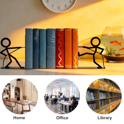 2 Pcs Metal Bookends and Heart Bookmark,Book Ends for Book Shelf,Tug of War - color: Tug War Black