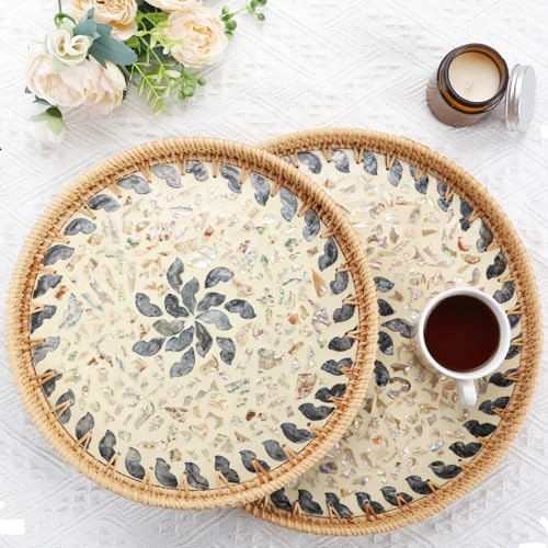 2PC Round Rattan Tray, Home Decor with Mother of Pearl Inlay, Terrekraft - color: Lucky Flower, size: 11.8 & 13.8 inch