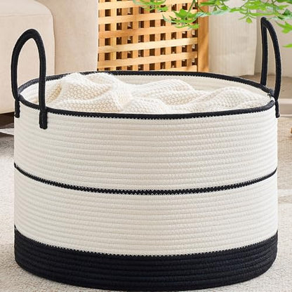 KAKAMAY Large Blanket Basket with Handles, Storage Basket for Living Room - color: Black and Beige