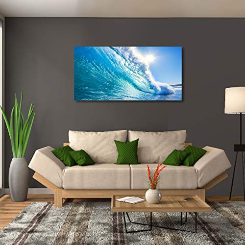 Haichuang Decor Art Ocean Wave Canvas Wall Art, 40x20 Inches Framed Turquoise Sea Wave Wall Decor, Wood Frame Waterproof HD Giclee Print, Ready to Hang Coastal Artwork for Living Room Bathroom Office - color: Blue Ocean Wave Surfing, size: 40"L x 20"W
