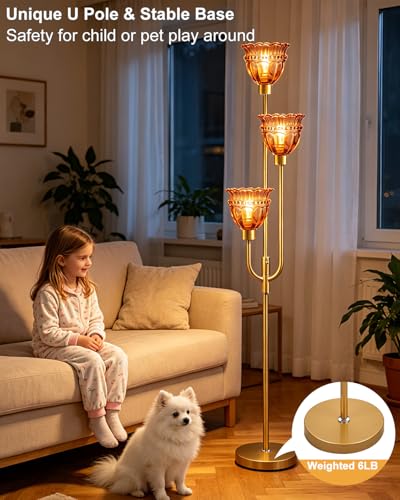 Red Glass Floor Lamp 66IN 3-Light Modern Gold Dimmable Tree Floor Lamps - color: Deep Red Lace-Gold