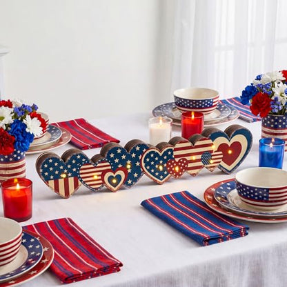 Yousoontic 4th of July Decorations Retro Patriotic Table Centerpieces with LED Lights Memorial Day Heart Wooden Sign Decor 3D Block Red White Blue Decor for 250th Anniversary Home Mantel Desk Party - style: Patriotic Star