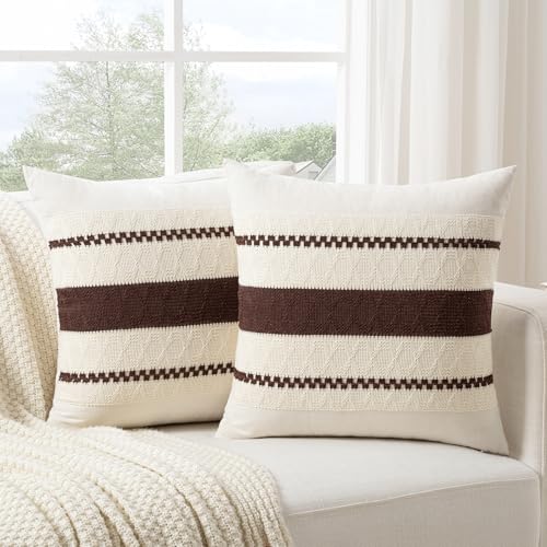 Fancy Homi Set of 2 Boho Brown Decorative Throw Pillow Cover 16x16 Inch for Couch Bed Sofa, Aesthetic Modern Organic Farmhouse Home Decor, Soft Cotton Cute Accent Macrame Woven Cushion Case - color: Brown, size: 16" x 16" (Pack of 2)