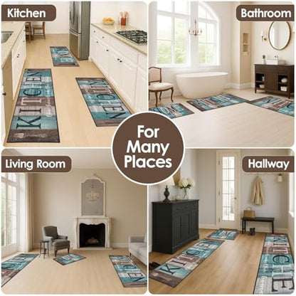 Kitchen Rugs Sets of 3 Non Slip Washable Mats for Floor, Turquoise - color: Turquoise Teal