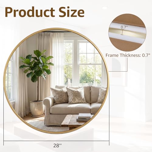 DUMOS 28 Inch Round Wall Mirror, Bathroom Mirrors for Over Sink - color: Gold-basic, size: 28"L x 28"W
