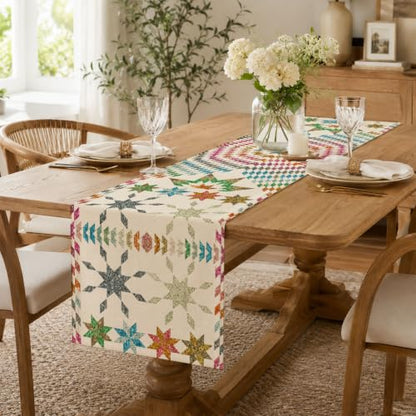 Boho Mandala Table Runner, Retro Colorful Geometric Star Linen Runner 72" - color: Multi Color