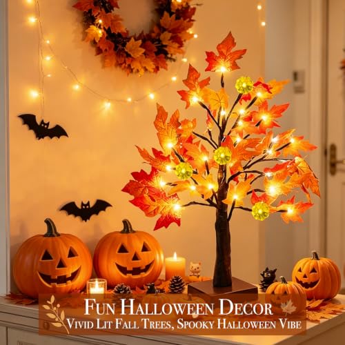 Prelit Fall Maple Tree with Pumpkin Lights Timer 24 Warm White LED 18 Inch - size: 1ft 6in