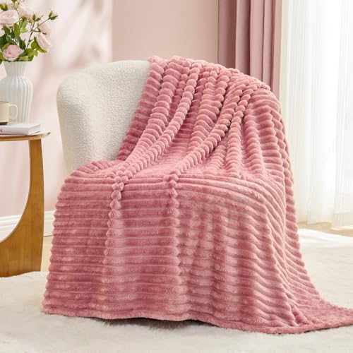 BEDELITE 3D Ribbed Jacquard Pink Fleece Twin Blanket for Couch, 60x80 Inch - color: Dusty Pink, size: Twin(60"x80")