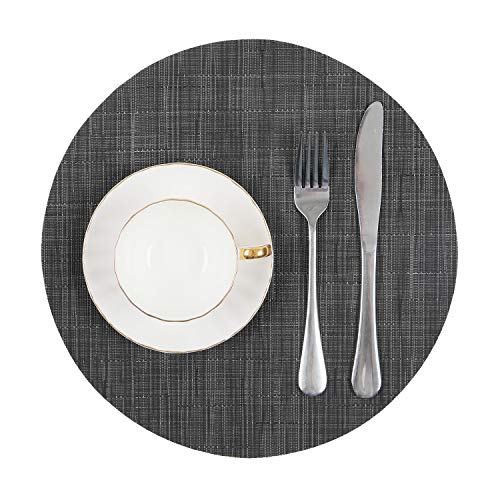 SHACOS Small Round Table Placemats Set of 5 Woven Vinyl Wedge Placemats with Centerpiece Round Table Mats Heat Resistant Wipe Clean (5, Black Gray) - color: Black Gray