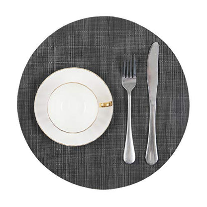 SHACOS Small Round Table Placemats Set of 5 Woven Vinyl Wedge Placemats with Centerpiece Round Table Mats Heat Resistant Wipe Clean (5, Black Gray) - color: Black Gray