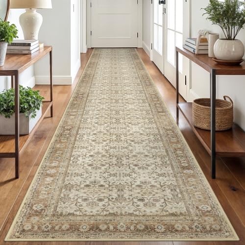 SIILOOM 2.6x18 Washable Runner Rug, Non Slip Area Rug for Hallway Kitchen - color: Beige/Brown, size: 2'7" x 18' (Runner)