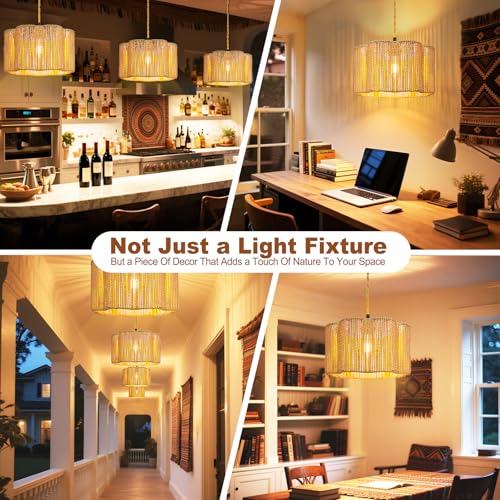 Hanging Lamps Rattan Pendant Light Hanging Lights 16.4ft Plug in Cord Pendant Light Fixture Plug Into Wall Outlet Pendant Lighting with On Off Switch for Bedroom Living (Cylindrical Flower Shade) - size: 12.6 Inch - Flower Shade