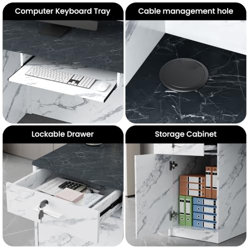 78.7"Reception Desk with Vertical Slat Panels for Office, Salon & Lobby - color: White Marble/Blue-gray Marble, size: 78.7''L x 23.6''W x 39.3''H