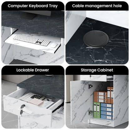 78.7"Reception Desk with Vertical Slat Panels for Office, Salon & Lobby - color: White Marble/Blue-gray Marble, size: 78.7''L x 23.6''W x 39.3''H