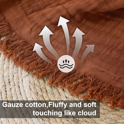 Cotton Muslin Throw Blanket with Tassels, 50 x 60 Inches, Lightweight Breathable Pre-Washed Gauze Blanket for Couch and Bed, All-Season Farmhouse Throw, Rust - color: Rust, size: 50" x 60"