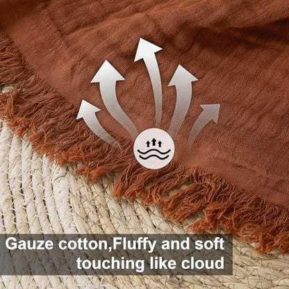 Cotton Muslin Throw Blanket with Tassels, 50 x 60 Inches, Lightweight Breathable Pre-Washed Gauze Blanket for Couch and Bed, All-Season Farmhouse Throw, Rust - color: Rust, size: 50" x 60"
