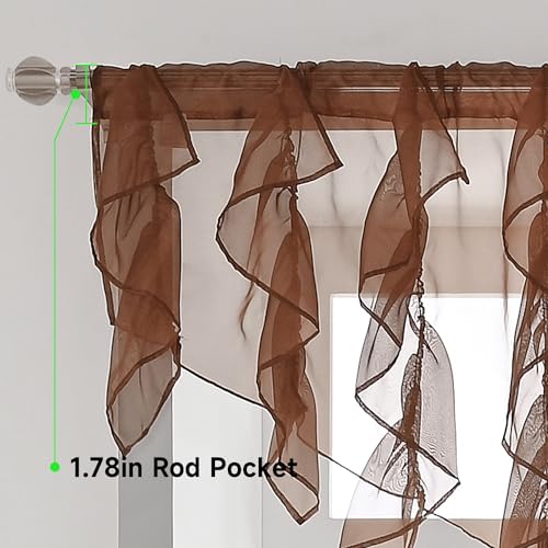 PearAge Ruffled Voile Semi Sheer Curtain Valance, Kitchen Living Room Shabby Chic Ruffle Valance Curtains, Girls Daughters Bedroom Cascade Window Valance 52x26 Inches (Brown-Triangle) - color: Brown