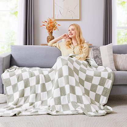 WRENSONGE Soft Twin Size Checkered Blanket for Bed-Cozy Knitted Blankets - color: Aloe Sage, size: Twin(60"x80")
