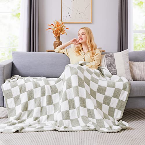 WRENSONGE Soft Checkered Throw Blanket for Couch-Cozy Warm Knitted Blankets - color: Aloe Sage, size: Throw (50"x 60")