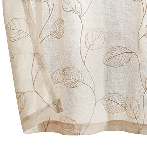 Topick Beige Sheer Leaf Curtain Kitchen Valance for Windows Leaf Embroidered Voile Small Curtain Valance Semi Sheer Farmhouse Curtain 16 Inch Rod Pocket 1 Panel Beige - color: Beige, size: 55"W x 16"L (Pack of 1)
