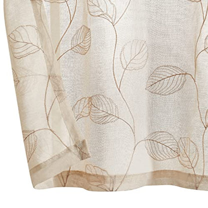 Topick Beige Sheer Leaf Curtain Kitchen Valance for Windows Leaf Embroidered Voile Small Curtain Valance Semi Sheer Farmhouse Curtain 16 Inch Rod Pocket 1 Panel Beige - color: Beige, size: 55"W x 16"L (Pack of 1)