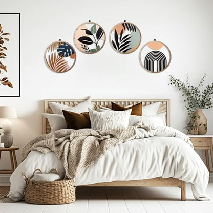 Qunclay 4 Pcs Boho Wall Art Bohemian Wood Round Circle Wall Decor Elegant - style: Elegant