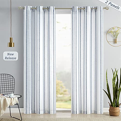 SXZJTEX White Blue Striped Linen Curtains 108 Inch Bedroom Living Room - color: Blue, size: 42"W x 108"L (Pack of 2)