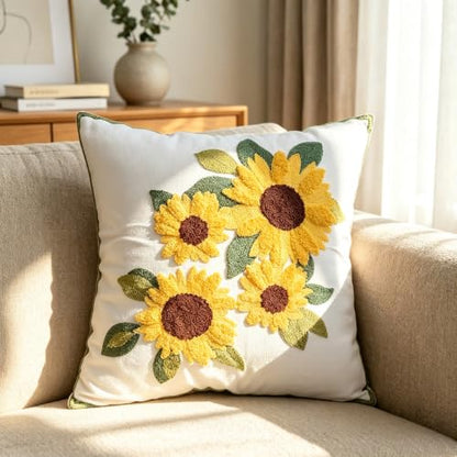 Sunflower Floral Spring Embroidered Throw Pillow Cover 18"x18" Set of 2 - color: Sunflower Yellow