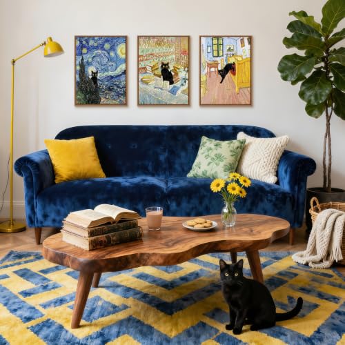 WENGTIAO 3Pcs Funny Black Cat Van Gogh Famous Painting Wall Art 12" x16x3 - color: Funny Black Cat, size: 16"x24"x3Pcs