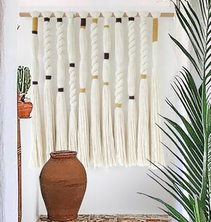Macrame Wall Hanging Woven Knot Tassel Fringe Boho Wall Art 27"W*29"L - color: Ivory3