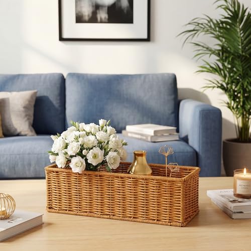 Threehoney 2 Pack Wicker Toilet Tank Baskets, 2 Sizes Handwoven Rattan Bathroom Storage Baskets with Metal Frame, Rustic Farmhouse Decorative Organizer Holders Bins for Tissues Vanity Shelves Supply