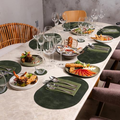 ADRIMER Oval Placemats Set of 6, Wipeable Faux Leather, Olive Green - color: Olive Green