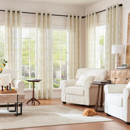 jinchan Boho Linen Curtains 63 Inch Gold on Beige Grommet 2 Panels - color: Vine Gold, size: 50"W x 96"L (Pack of 2)