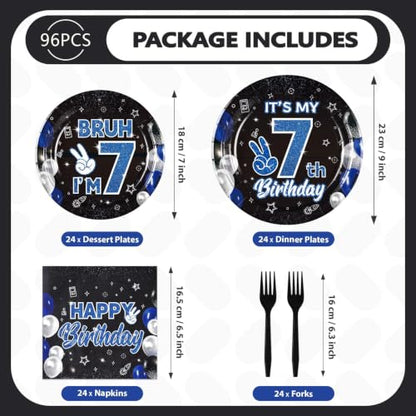 96 Pcs Bruh 7th Birthday Party Decorations for Boys, Serves 24 - style: Black Blue Bruh 7th Plates
