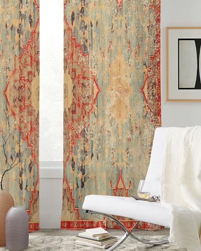 Geometric Boho Sheer Curtains 63 Inch Length 2 Panels Set, Grommet Kitchen Curtains Sheer Window Curtain for Living Room Bedroom Privacy Drapes Rustic Bohemian Floral Tribal Orange 84x63in - size: 42"W x 63"L (Pack of 1)