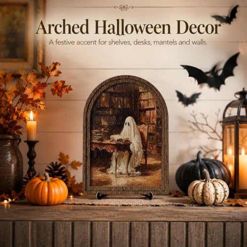 Halloween Reading Ghost Arched Wood Frame Decor, Library Vintage Wall Art - color: Color 24