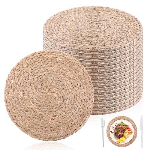 Round Woven Placemats Set of 20, 12" Brown Round Rattan Placemats Natural Water Hyacinth Place mats Farmhouse Boho Braided Placemat for Dining Table, Home, Wedding, Heat Resistant/Anti-Slip